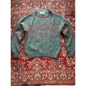 VINTAGE Horseradish Sweater Men Medium Green Abstract Crew Neck Grandpa 90s